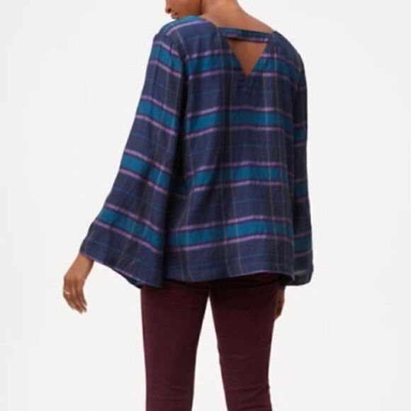 Loft Purple Blue Stripe Bell Sleeve Keyhole Back Top Medium - Picture 1 of 12